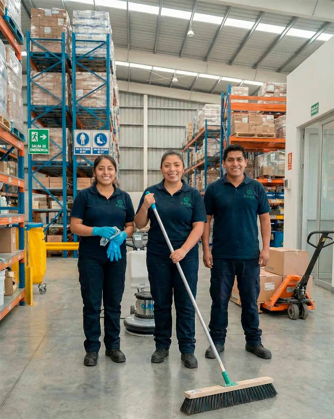 Equipo de tres trabajadores profesionales de CURA con equipo de protección personal completo listos para un operativo de aseo industrial.