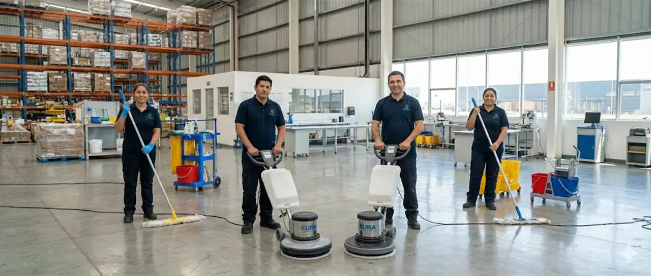 Vista panorámica de una instalación industrial de gran escala mantenida por los servicios de limpieza profesional de CURA en Santiago.
