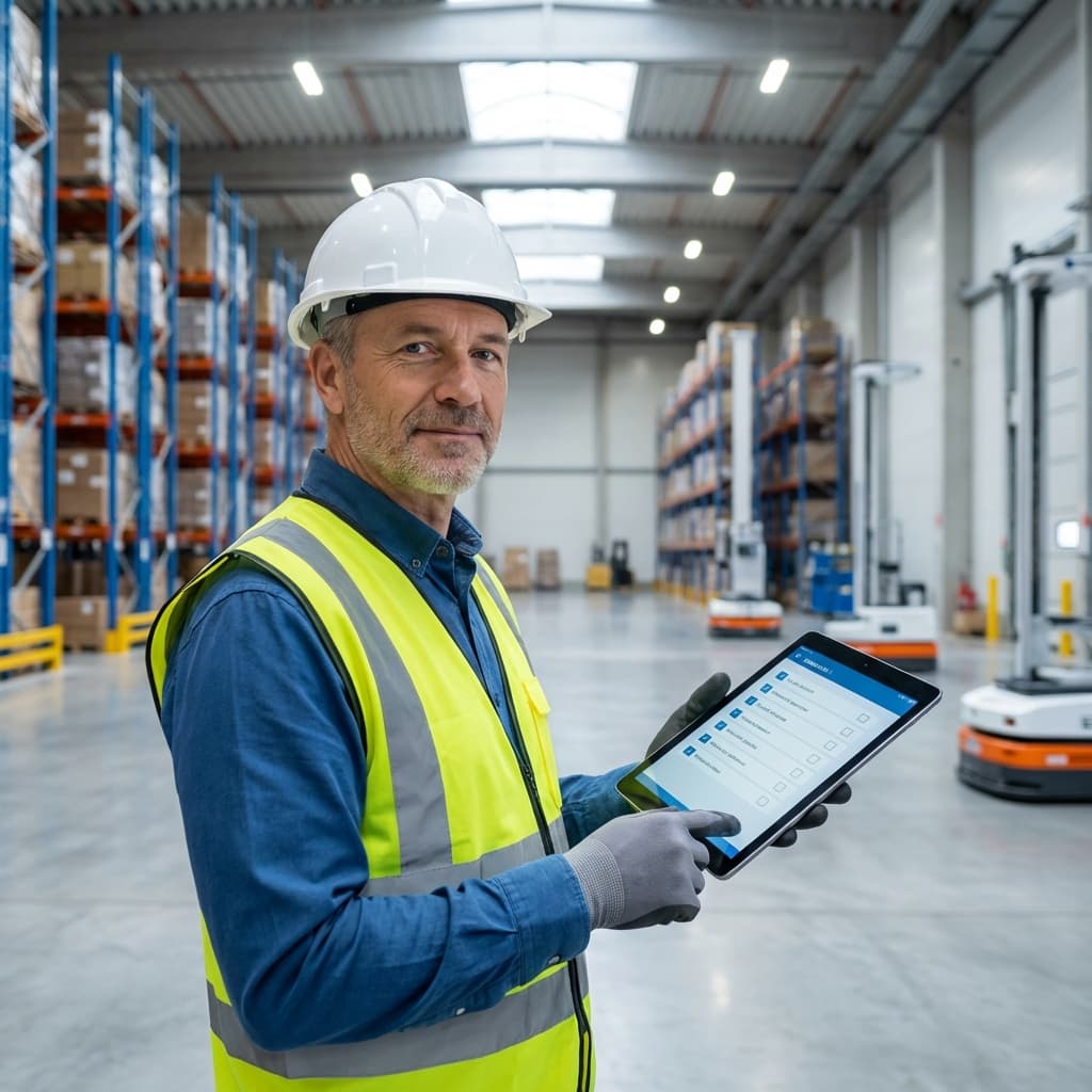 Supervisor de CURA revisando un checklist de calidad en una tablet para asegurar la excelencia en el aseo industrial.