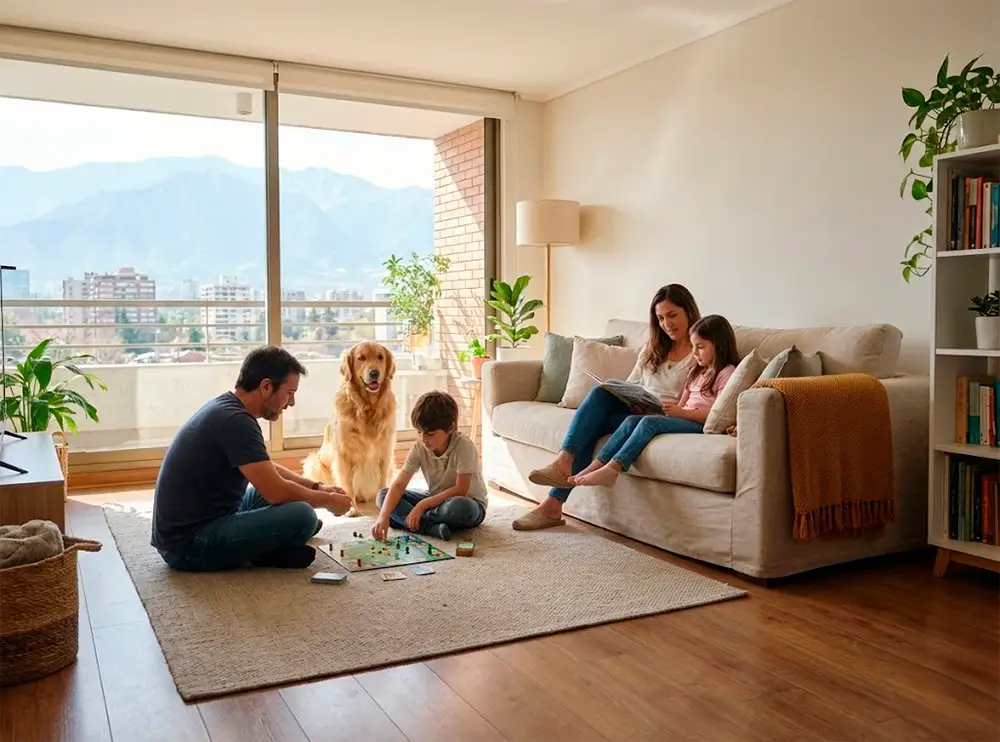 Familia relajada disfrutando de un living impecable