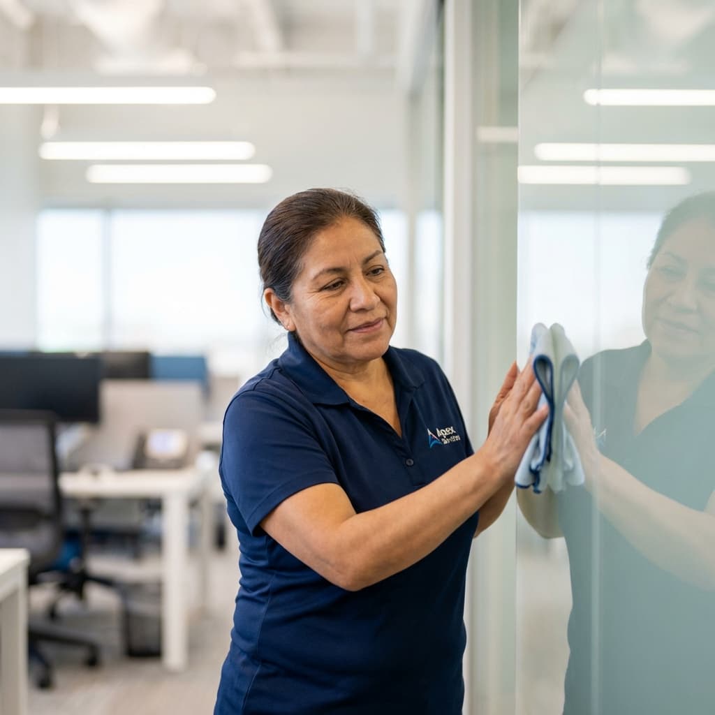 Colaboradora de CURA realizando limpieza profesional con atención al detalle en vidriería