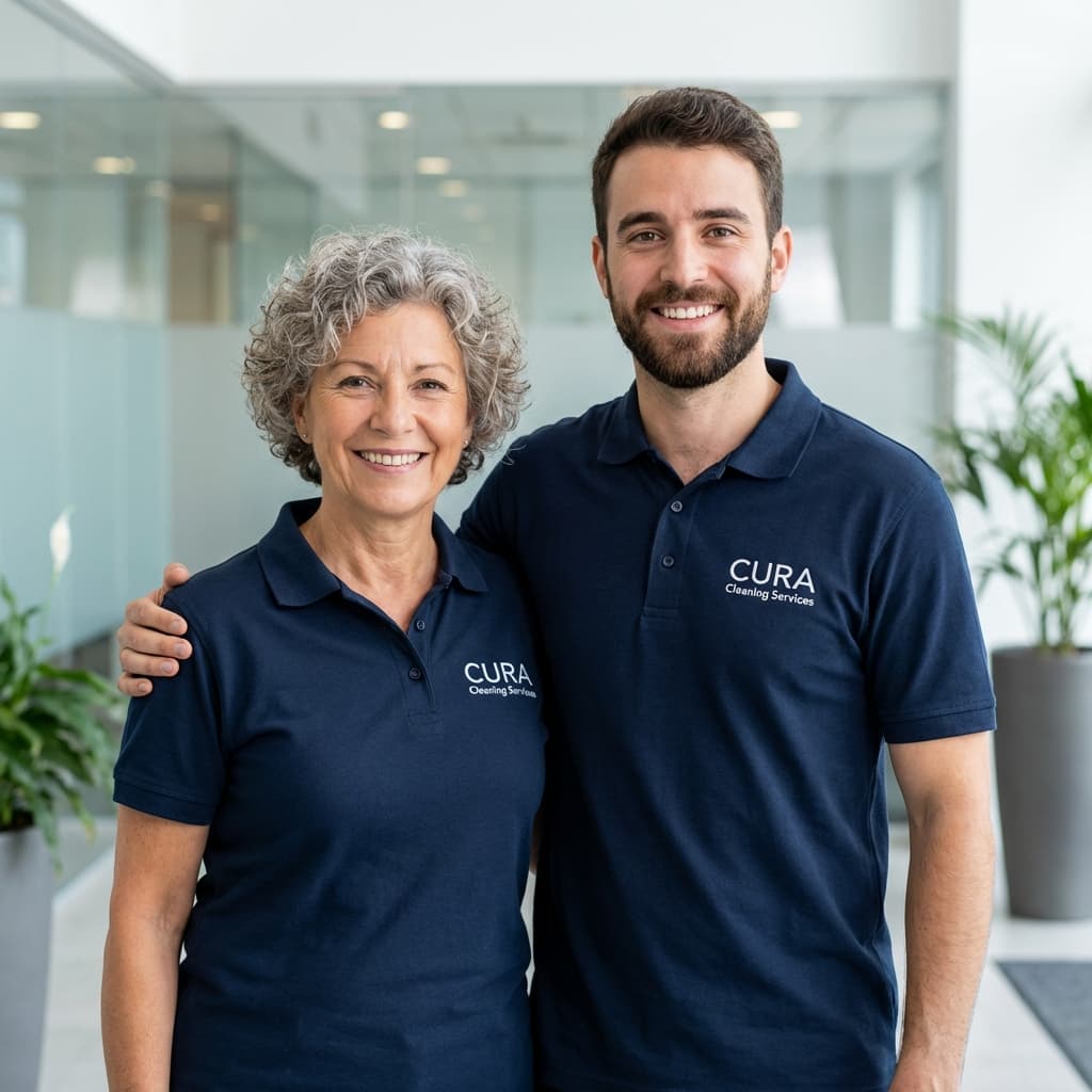 Equipo de profesionales de CURA con uniforme corporativo, representando confianza y cercanía