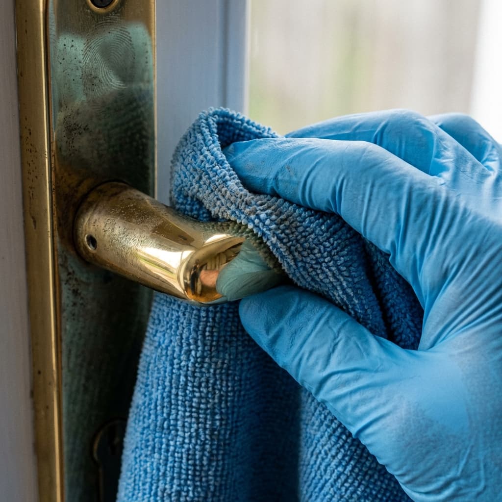 Primer plano de desinfección meticulosa de manillas, garantizando higiene en cada rincón