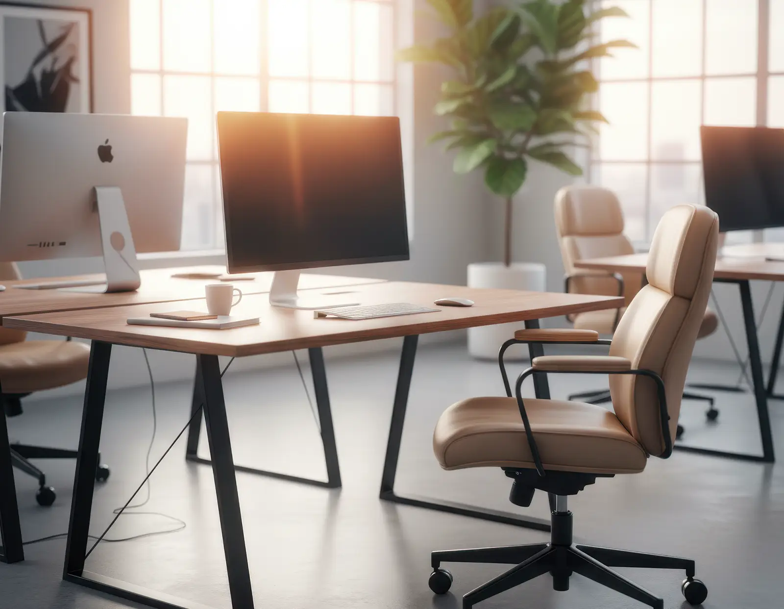 Banner de una oficina moderna, limpia y luminosa, demostrando un entorno de trabajo ideal